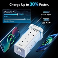 VonHaus Tower Extension Lead with USB, Power Surge Protection 2M Cable White, 8 x UK Mains Sockets, Three-Pin 13A Plugs, Arranged Vertically With 2 Sockets On Each Of The 4 Sides - Image 6