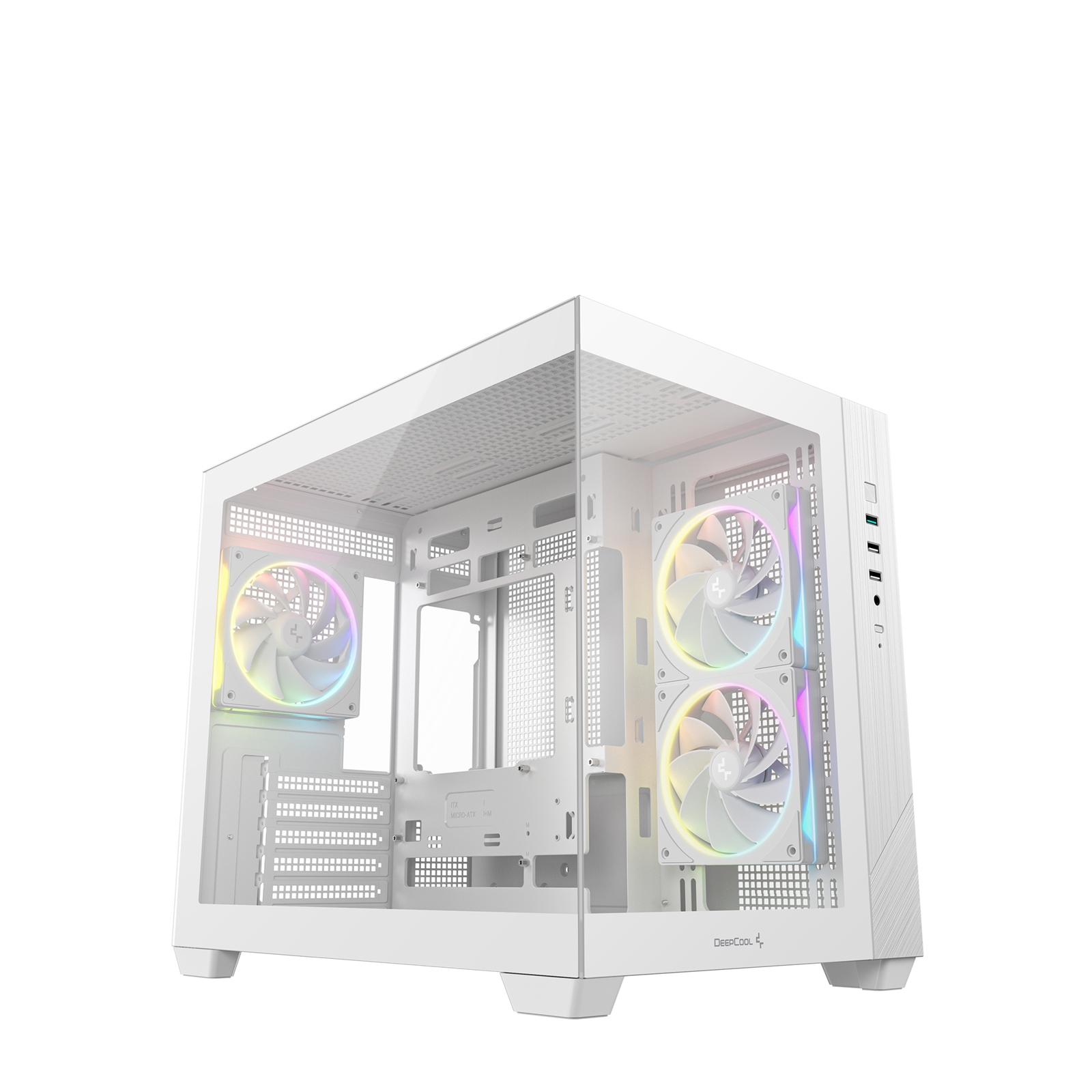 DeepCool CG330 3F ARGB Dual-Chamber Micro-ATX Tower Case, Tempered Glass Panels, 3 x 120mm ARGB Fans, USB 3.0, ITX/Micro-ATX, White - Image 3