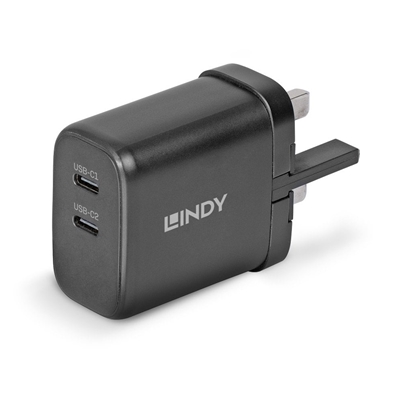 Lindy 65W USB 2 x Type C GaN Charger, Input UK Plug, Output 2 x USB Type C Female, Black - Image 2