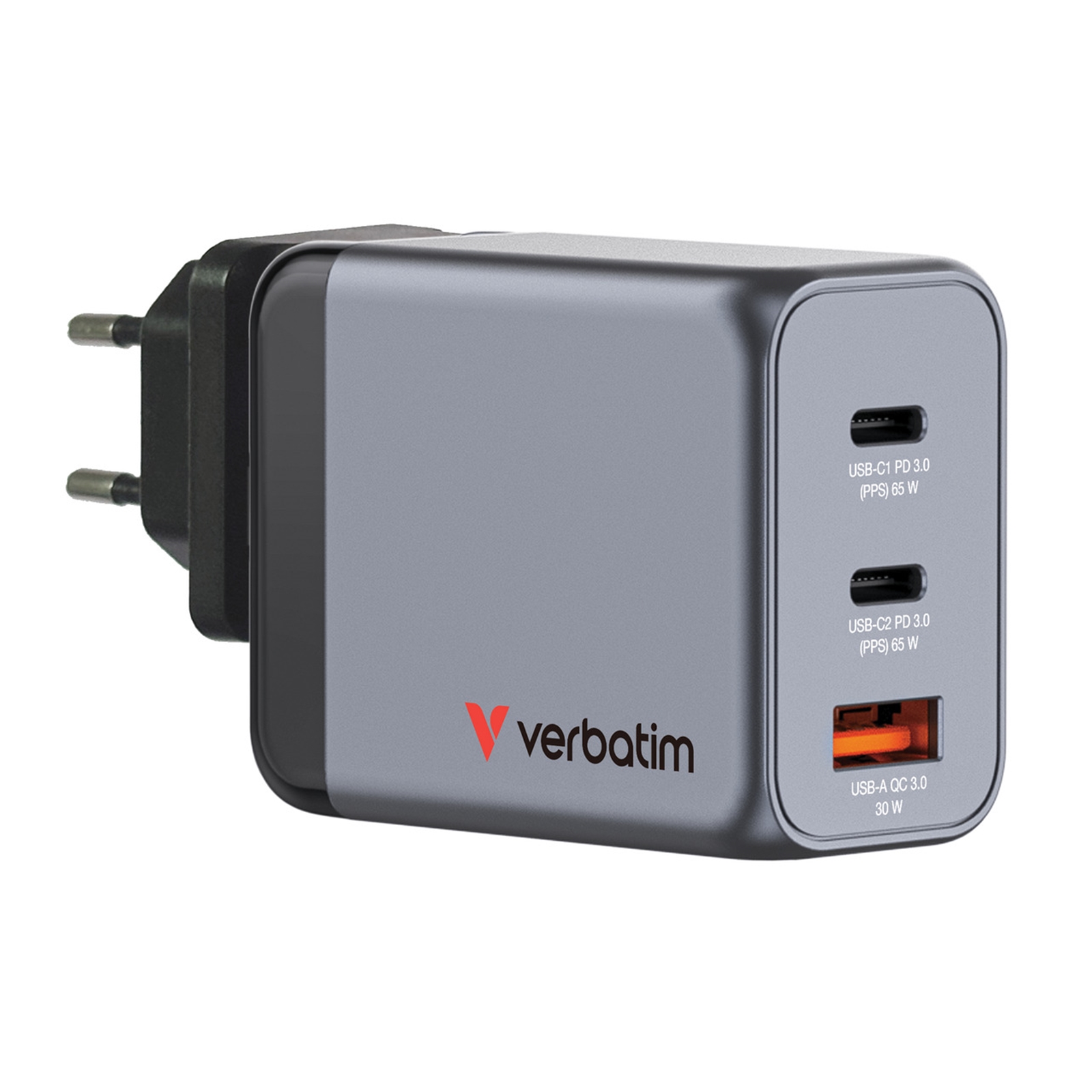 Verbatim GNC-65 GaN Charger 65W with 2 x USB-C PD 65W / 1 x USB-A QC 3.0 (EU/UK/US) - Image 3