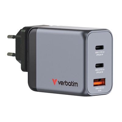 Verbatim GNC-65 GaN Charger 65W with 2 x USB-C PD 65W / 1 x USB-A QC 3.0 (EU/UK/US) - Image 2