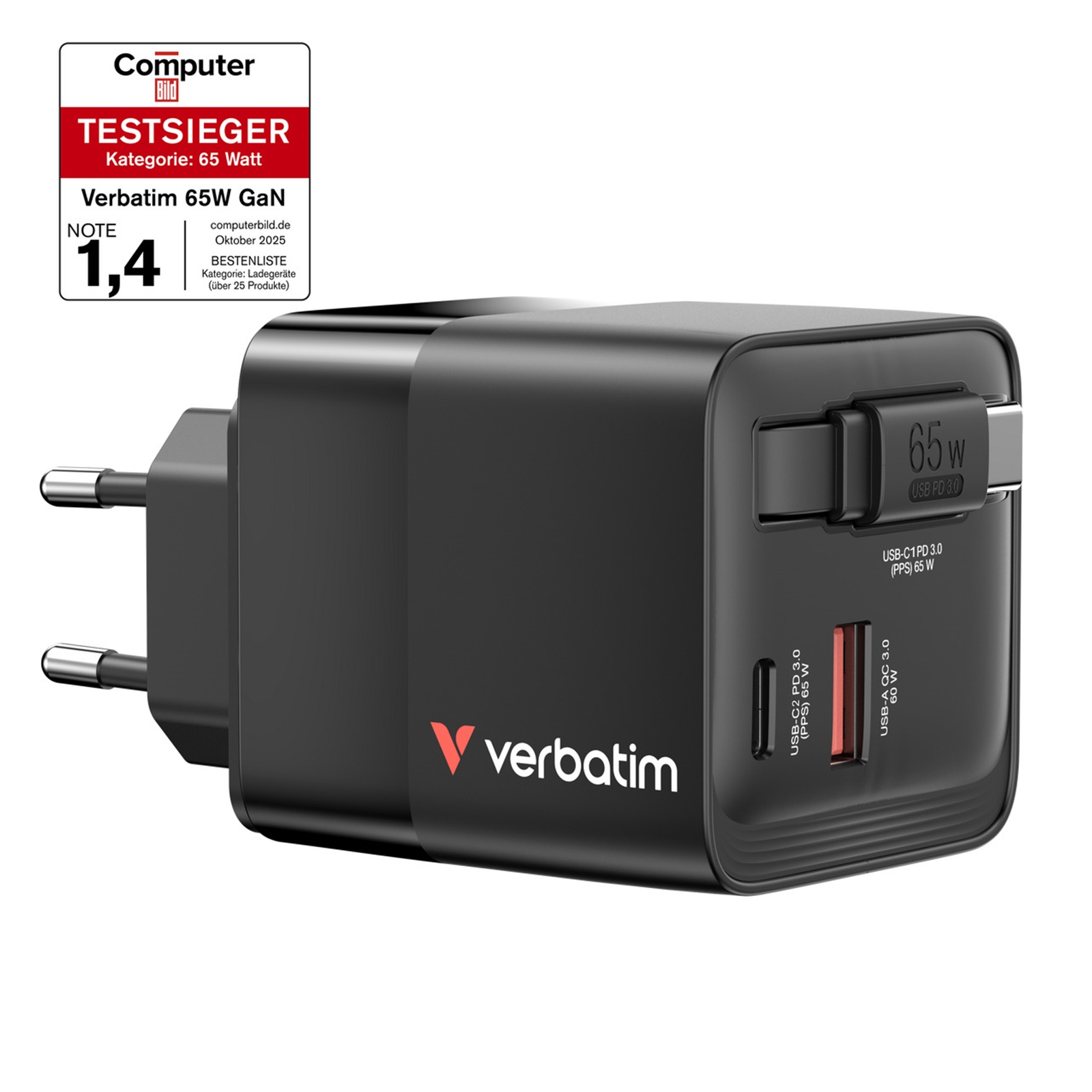 Verbatim GaN Wall Charger 65W 2 Port with Retractable Cable - Image 3