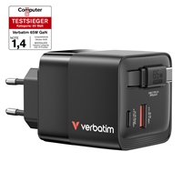 Verbatim GaN Wall Charger 65W 2 Port with Retractable Cable
