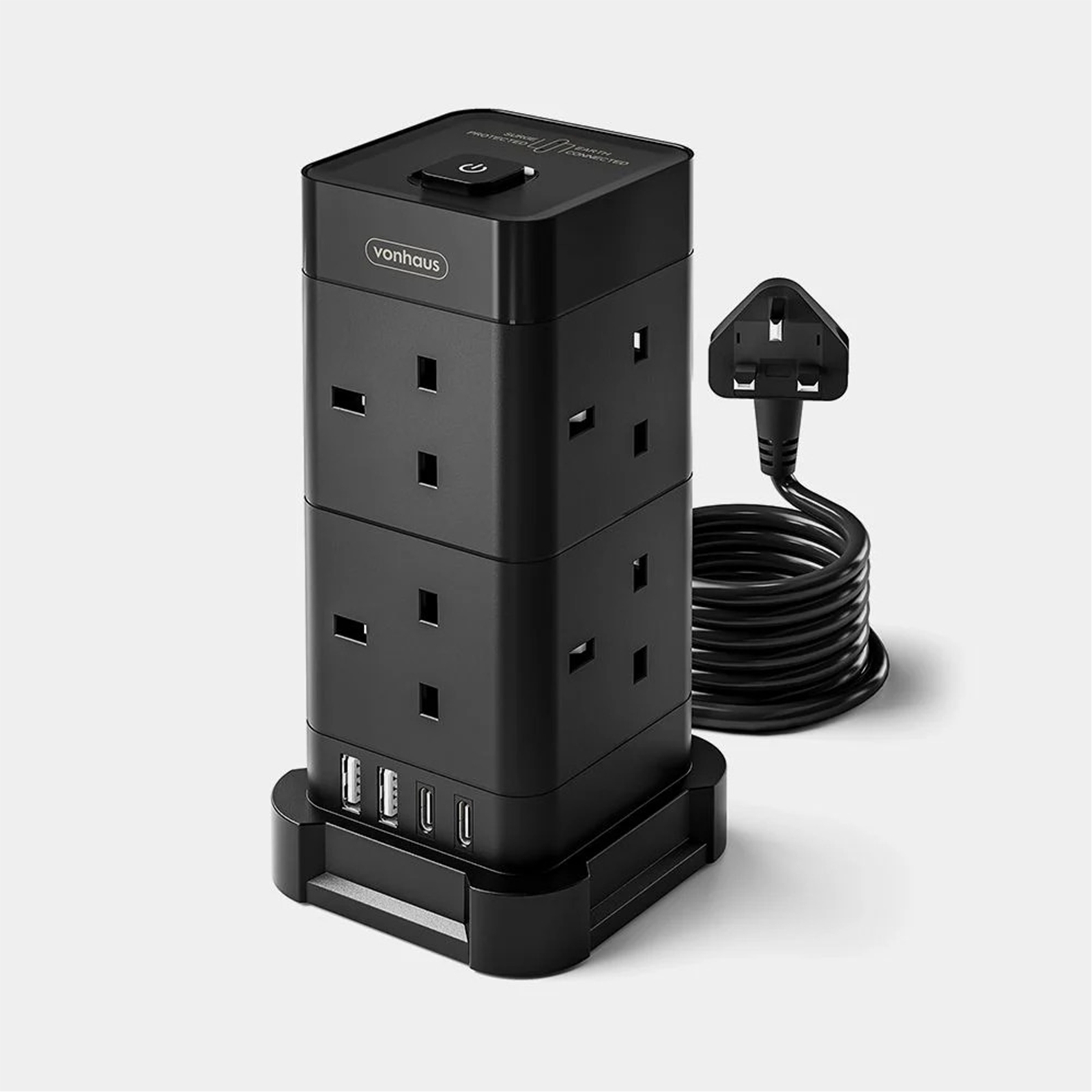 VonHaus Tower Extension Lead with USB, Power Surge Protection 2M Cable Black, 8 x UK Mains Sockets, Three-Pin 13A Plugs, Arranged Vertically With 2 Sockets On Each Of The 4 Sides - Image 3