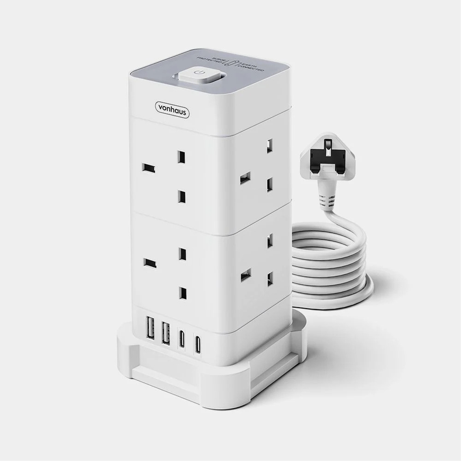 VonHaus Tower Extension Lead with USB, Power Surge Protection 2M Cable White, 8 x UK Mains Sockets, Three-Pin 13A Plugs, Arranged Vertically With 2 Sockets On Each Of The 4 Sides - Image 3