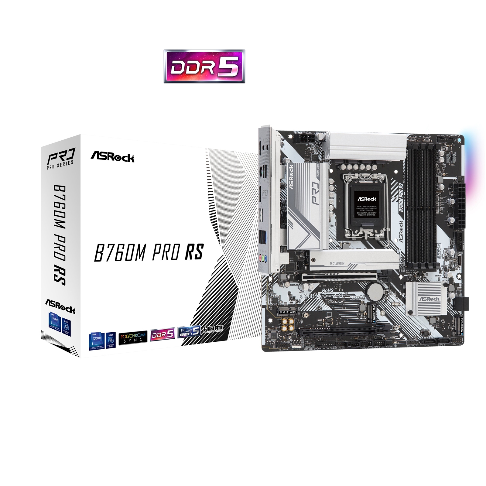 ASRock B760M PRO RS Intel 1700 Socket Motherboard, Micro-ATX, 4x DDR5 Slots, 3x M.2 Sockets, Fitted I/O Shield, 2.5GbE LAN, 1x DisplayPort / 1x HDMI Port - Image 3
