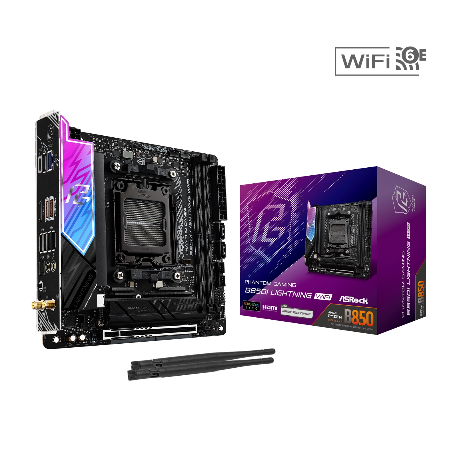 ASRock B850I Lightning WiFi PHANTOM GAMING AMD AM5 Socket Motherboard, Mini-ITX, 2x DDR5 Slots, 2x M.2 Sockets, Fitted I/O Shield, 2.5GbE LAN, Wi-Fi 6E, 1x HDMI Port / 1x USB-C - Image 3