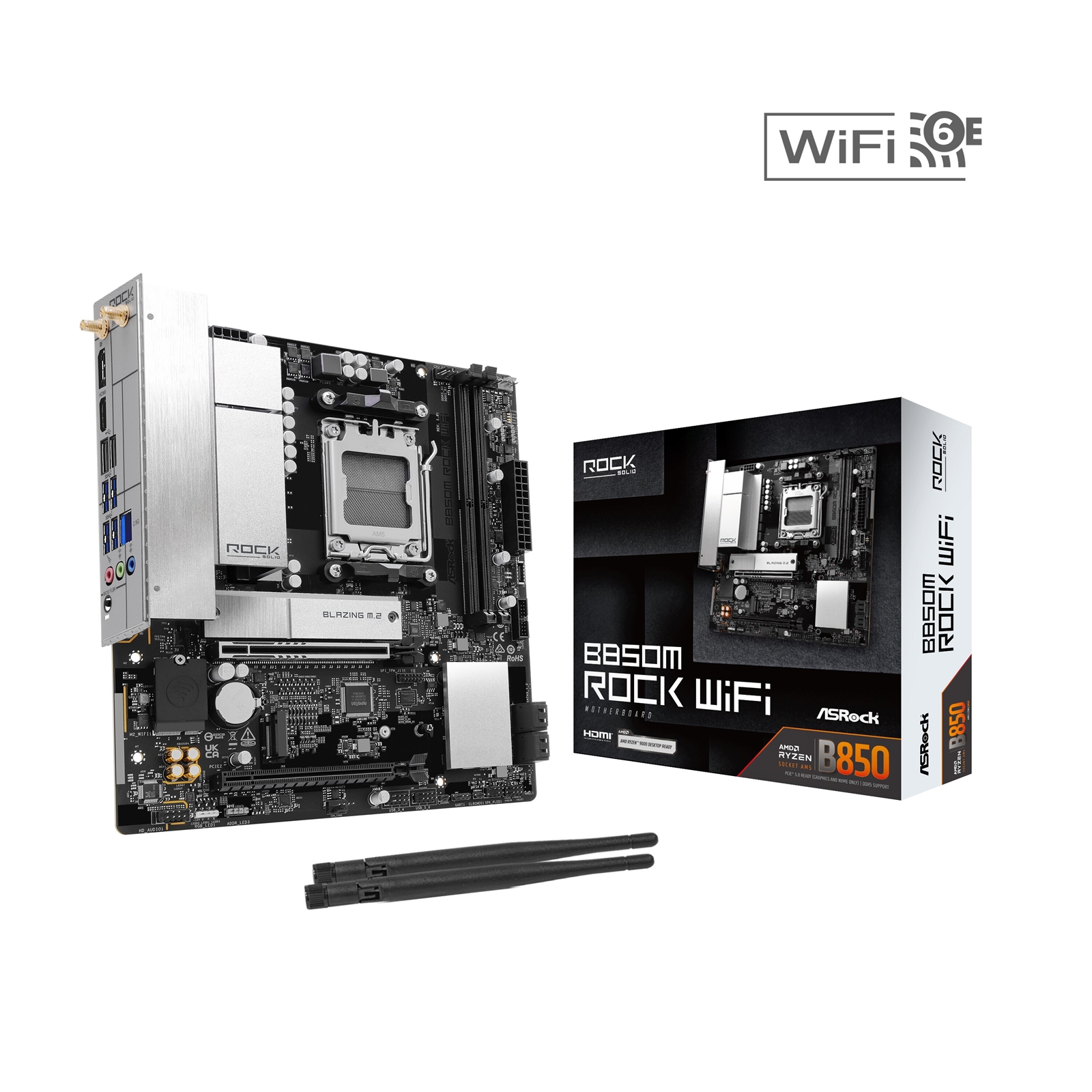 ASRock B850M Rock WiFi AMD AM5 Socket Motherboard, Micro-ATX, 2x DDR5 Slots, 2x M.2 Sockets, Fitted I/O Shield, 2.5GbE LAN, Wi-Fi 6E, 1x DisplayPort / 1x HDMI Port - Image 3