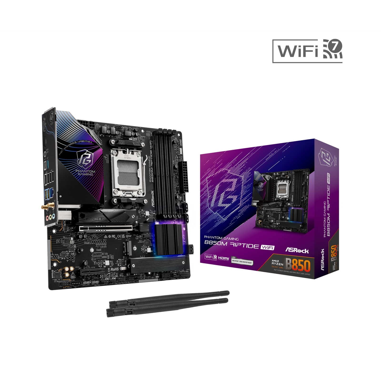 ASRock B850M Riptide WiFi AMD AM5 Socket Motherboard, Micro-ATX, 4x DDR5 Slots, 3x M.2 Sockets, Fitted I/O Shield, 2.5GbE LAN, Wi-Fi 7, 1x DisplayPort / 1x HDMI Port - Image 3
