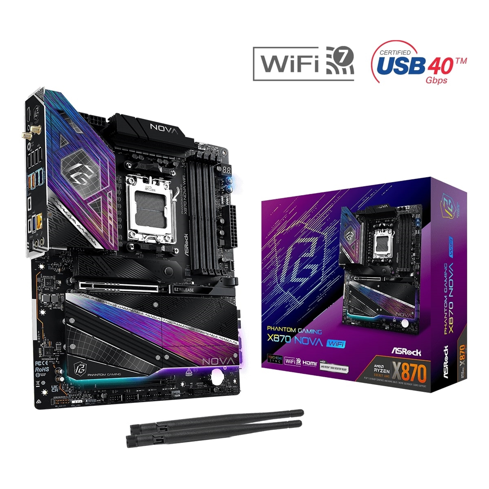 ASRock PHANTOM GAMING X870 Nova WiFi AMD AM5 Socket Motherboard, ATX, 4x DDR5 Slots, 5x M.2 Sockets, 5GbE LAN, Wi-Fi 7, 1x HDMI Port / 2x USB-C (USB4) - Image 3
