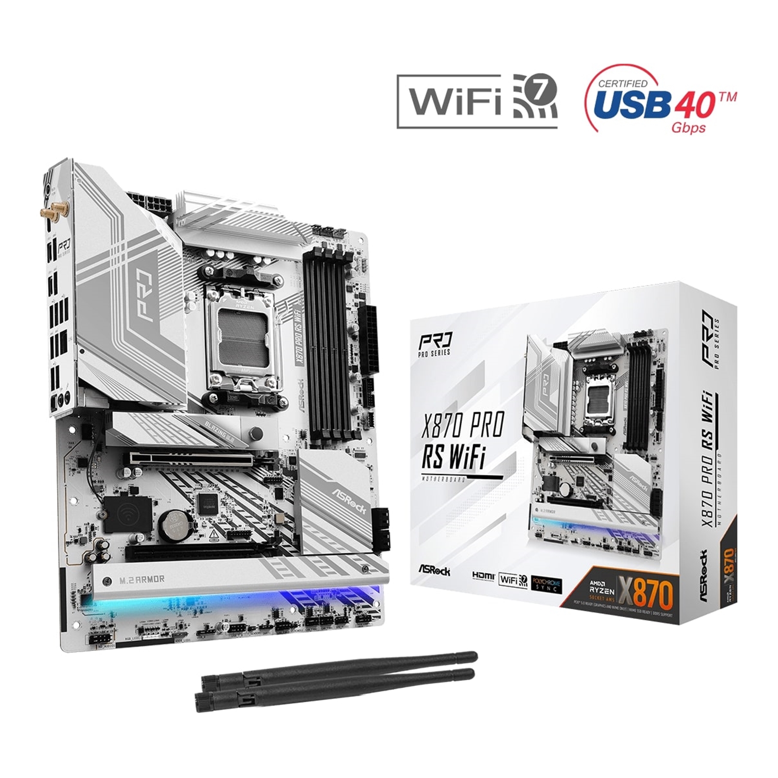 ASRock X870 PRO RS WIFI AMD AM5 Socket Motherboard, ATX, 4x DDR5 Slots, 3x M.2 Sockets, Fitted I/O Shield, 2.5GbE LAN, Wi-Fi 7, 1x HDMI Port / 2x USB-C (USB4) - Image 3