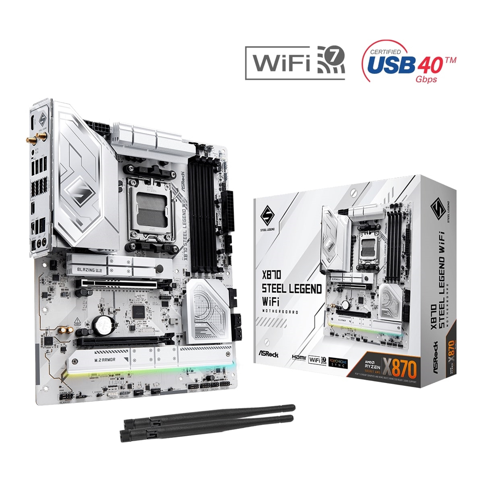 ASRock X870 STEEL LEGEND WIFI AMD AM5 Socket Motherboard, ATX, 4x DDR5 Slots, 3x M.2 Sockets, Fitted I/O Shield, 2.5GbE LAN, Wi-Fi 7, 1x HDMI Port / 2x USB-C (USB4) - Image 3