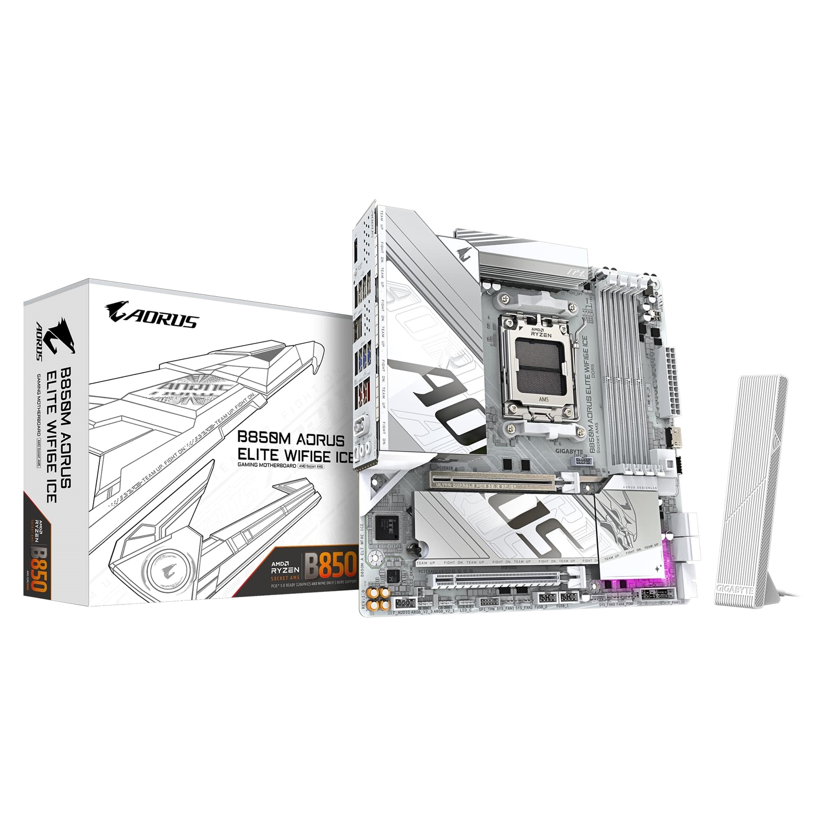 Gigabyte B850M AORUS ELITE WIFI6E ICE AMD AM5 Socket Motherboard, Micro-ATX, 4x DDR5 Slots, 2x M.2 Sockets, Fitted I/O Shield, 2.5GbE LAN, Wi-Fi 6E, 1x DisplayPort / 1x HDMI Port - Image 3