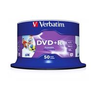 Verbatim DVD+R 16X 4.7GB 50 Pack Spindle Wide Inkjet Printable No ID