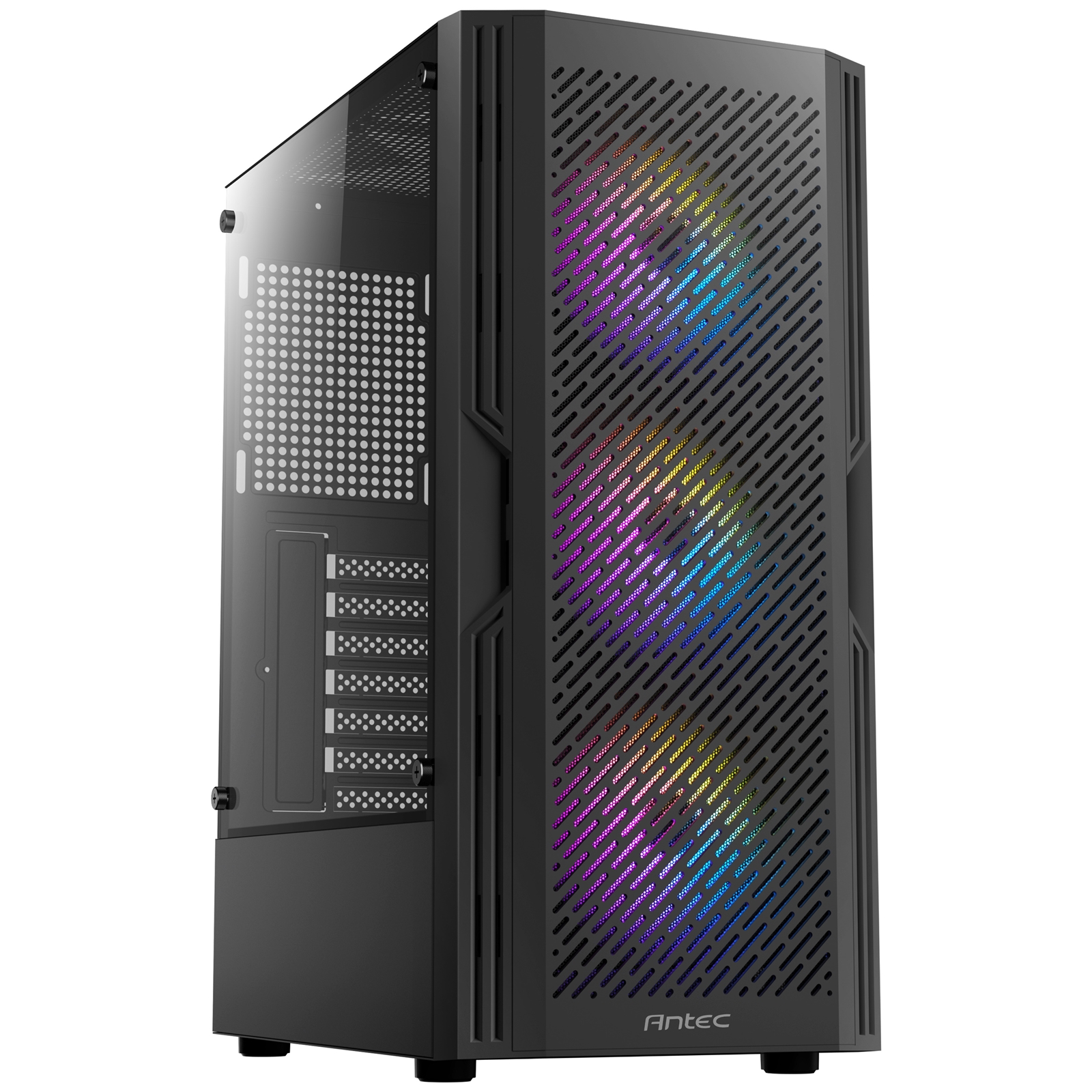 Antec AX20 Case, Black, Mid Tower, 1 x USB 3.0 / 2 x USB 2.0, Tempered Glass Side Window Panel, Slanted Bar & Mesh Design for Massive Airflow, 3 x Pre-Installed RGB LED Fans, ATX, Micro ATX, Mini-ITX Compatible - Image 3