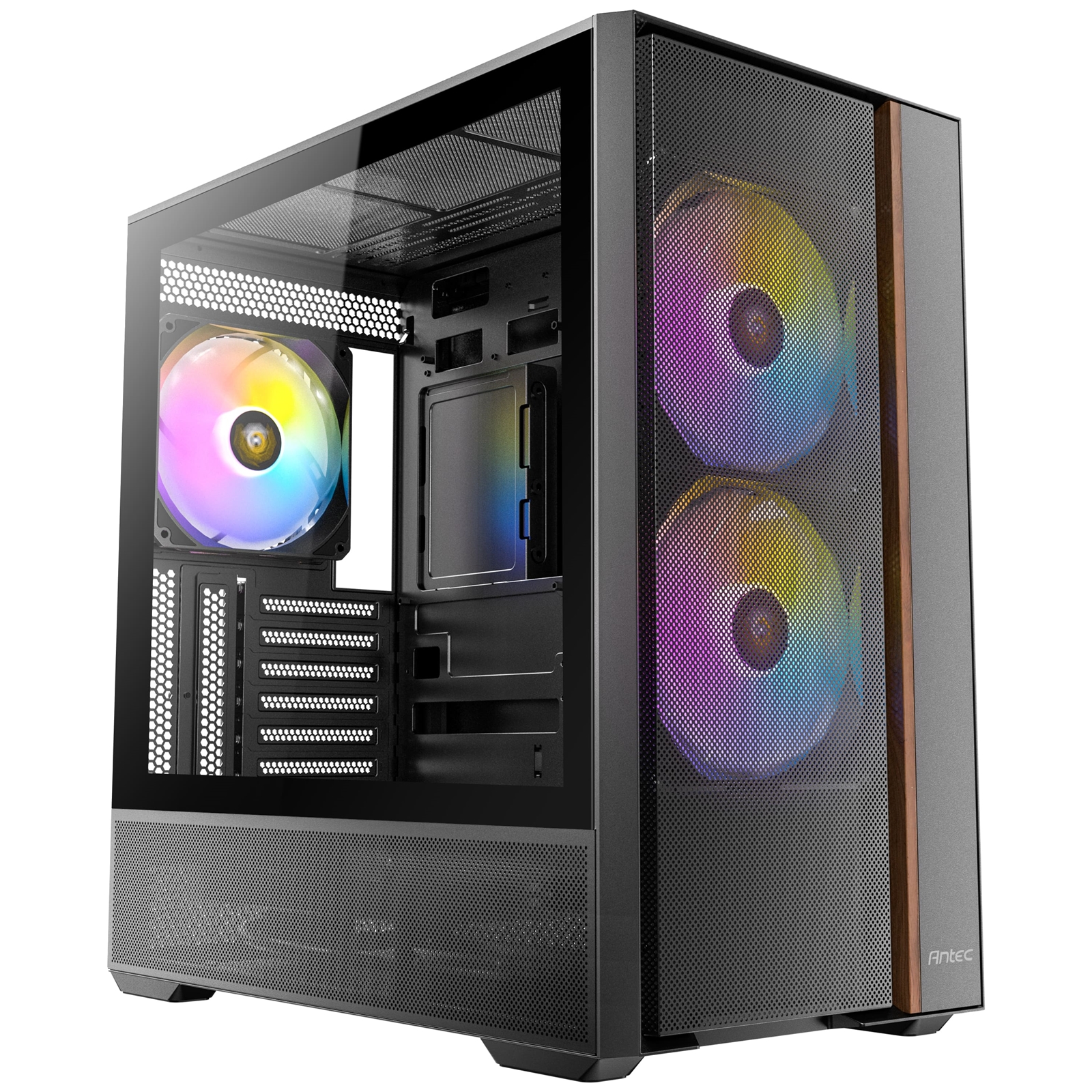 Antec FLUX Rear Mid Tower Gaming Case, 1 x USB Type-C / 2 x USB 3.0, Tempered Glass Side Window Panel, Multi-directional Vent Design, Walnut Wood Accents, 3 x Pre-Installed High-Performance PWM Fans , E-ATX (=330mm), ATX, Micro-ATX, ITX Compatible - Image 3
