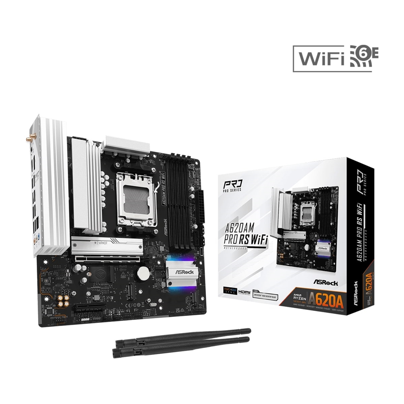 ASRock A620AM Pro RS WiFi AMD AM5 Socket Motherboard, Micro-ATX, 4x DDR5 Slots, 3x M.2 Sockets, 2.5GbE LAN, Wi-Fi 6E, 1x HDMI Port / 1x DisplayPort - Image 3