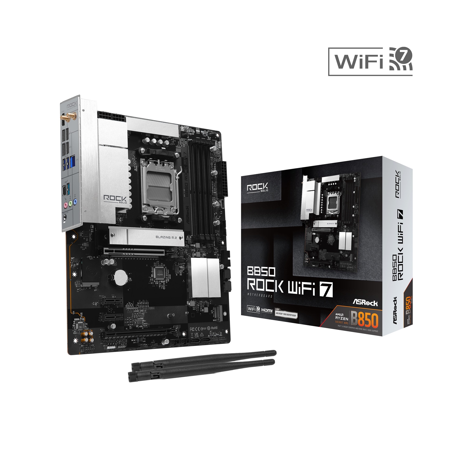 ASRock B850 Rock WiFi 7 AMD AM5 Socket Motherboard, ATX, 4x DDR5 Slots, 2x M.2 Sockets, Fitted I/O Shield, 2.5GbE LAN, Wi-Fi 7, 1x HDMI Port - Image 3