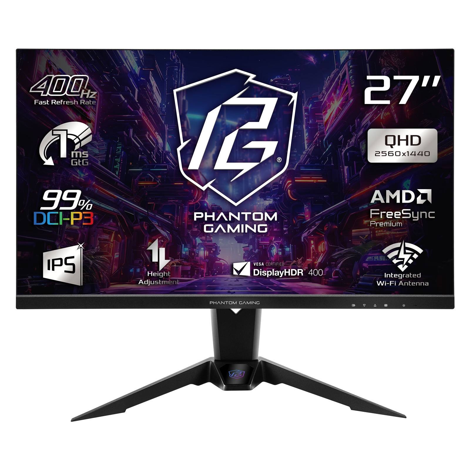 ASRock Phantom Gaming PG27QFW2A 27 Inch QHD (2560 x 1440) IPS Gaming Monitor, 400Hz 1ms (MPRT) Response Time, 2 x HDMI 2.0, 1 x DisplayPort 1.4, Height Adjustable - Image 3
