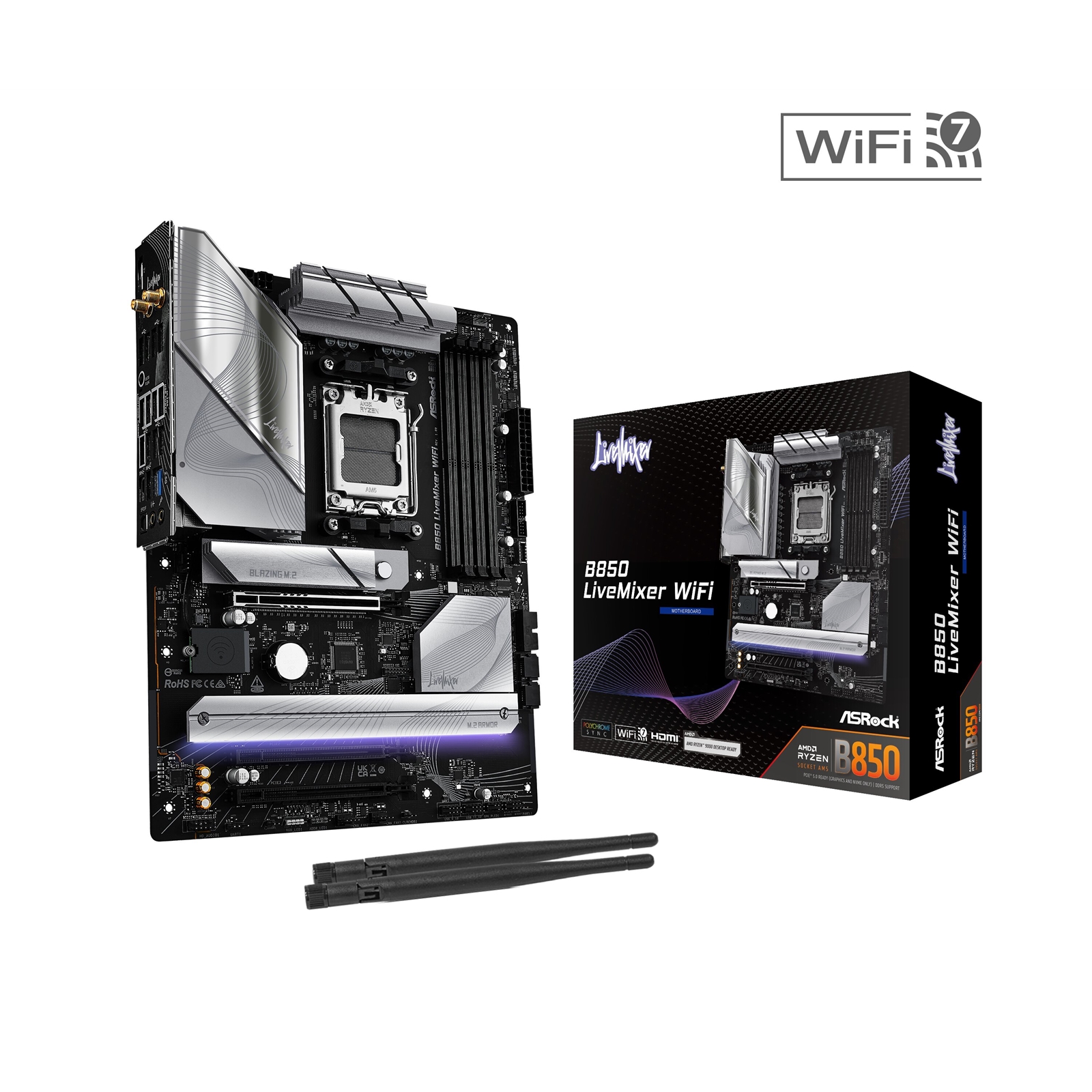 ASRock B850 LiveMixer WiFi AMD AM5 Socket Motherboard, ATX, 4x DDR5 Slots, 3x M.2 Sockets, Fitted I/O Shield, 2.5GbE LAN, Wi-Fi 7, 1x DisplayPort / 1x HDMI Port - Image 3