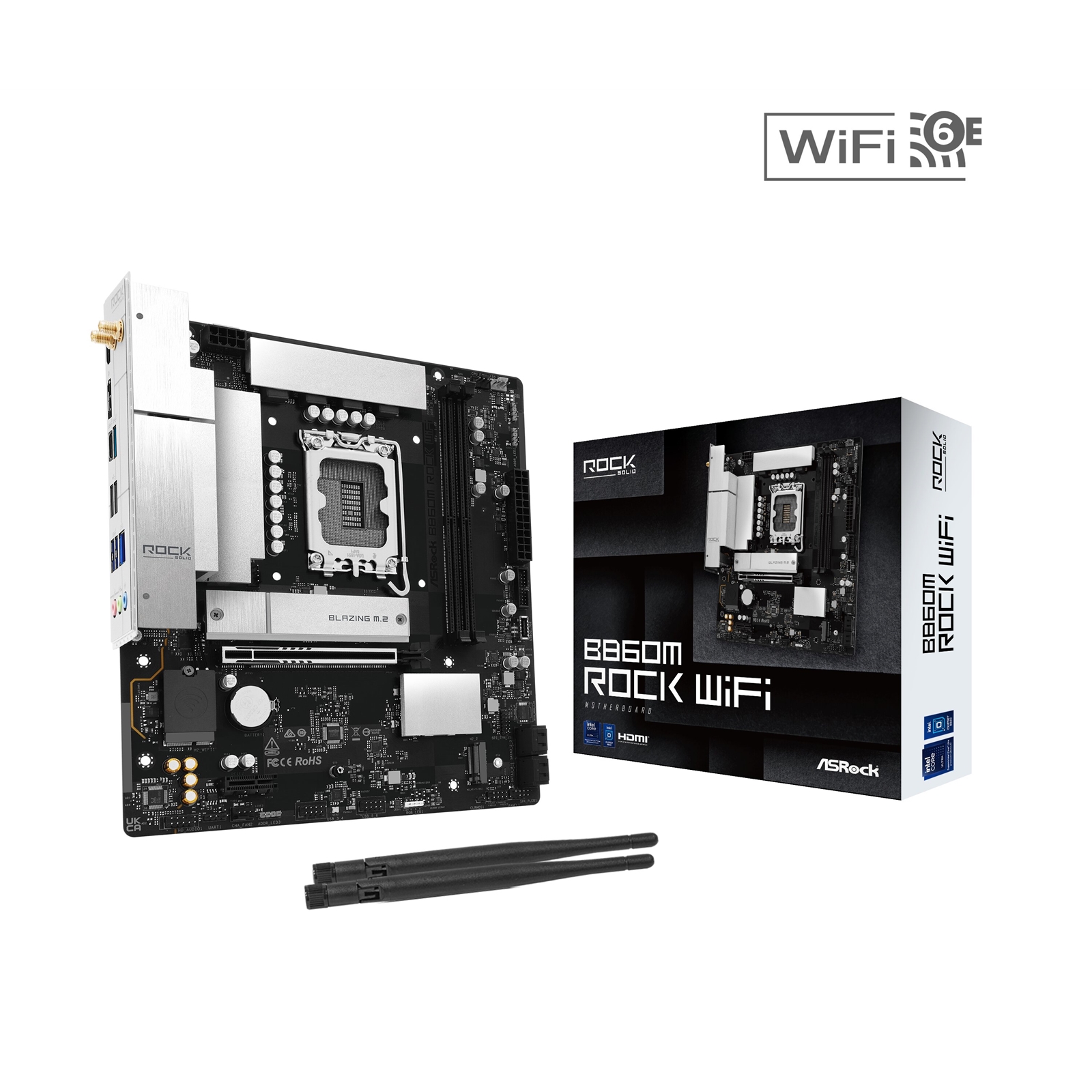 ASRock B860M Rock WiFi Intel 1851 Socket Motherboard, Micro-ATX, 2x DDR5 Slots, 2x M.2 Socket, Fitted I/O Shield, 2.5GbE LAN, Wi-Fi 6E, 1x DisplayPort / 1x HDMI Port - Image 3