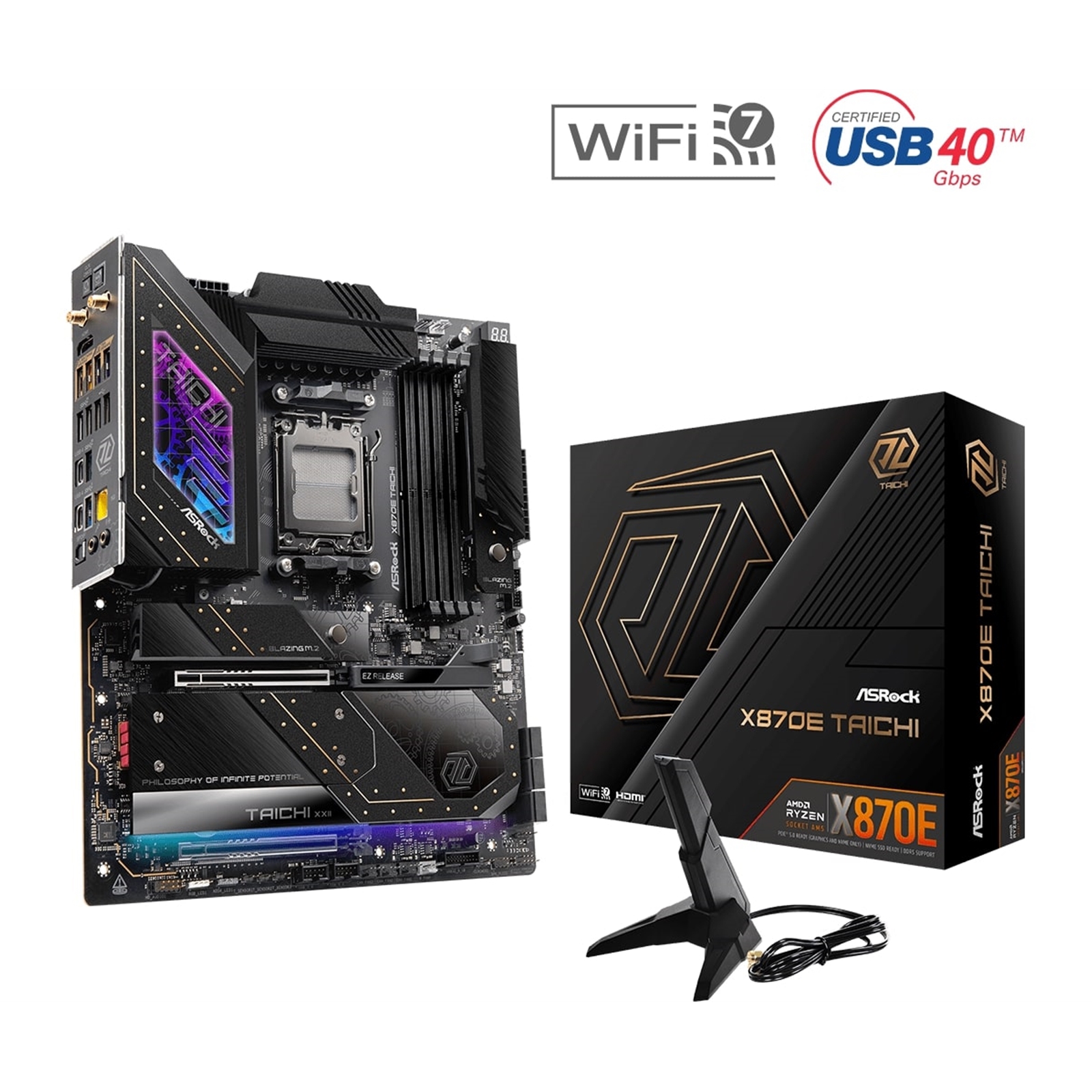 ASRock X870E TAICHI AMD AM5 Socket Motherboard, E-ATX, 4x DDR5 Slots, 4x M.2 Sockets, Fitted I/O Shield, 5GbE LAN, Wi-Fi 7, 1x HDMI Port / 2x USB-C (USB4) - Image 3