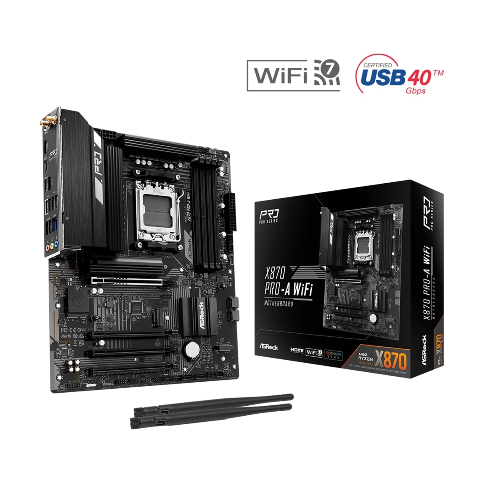 ASRock X870 Pro-A WiFi AMD AM5 Socket Motherboard, ATX, 4x DDR5 Slots, 3x M.2 Sockets, 2.5GbE LAN, Wi-Fi 7, 1x HDMI Port / 2x USB-C (USB4) - Image 3